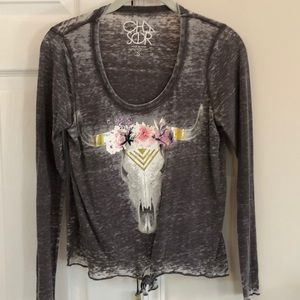 Chaser Tie Front Cow Skull Top